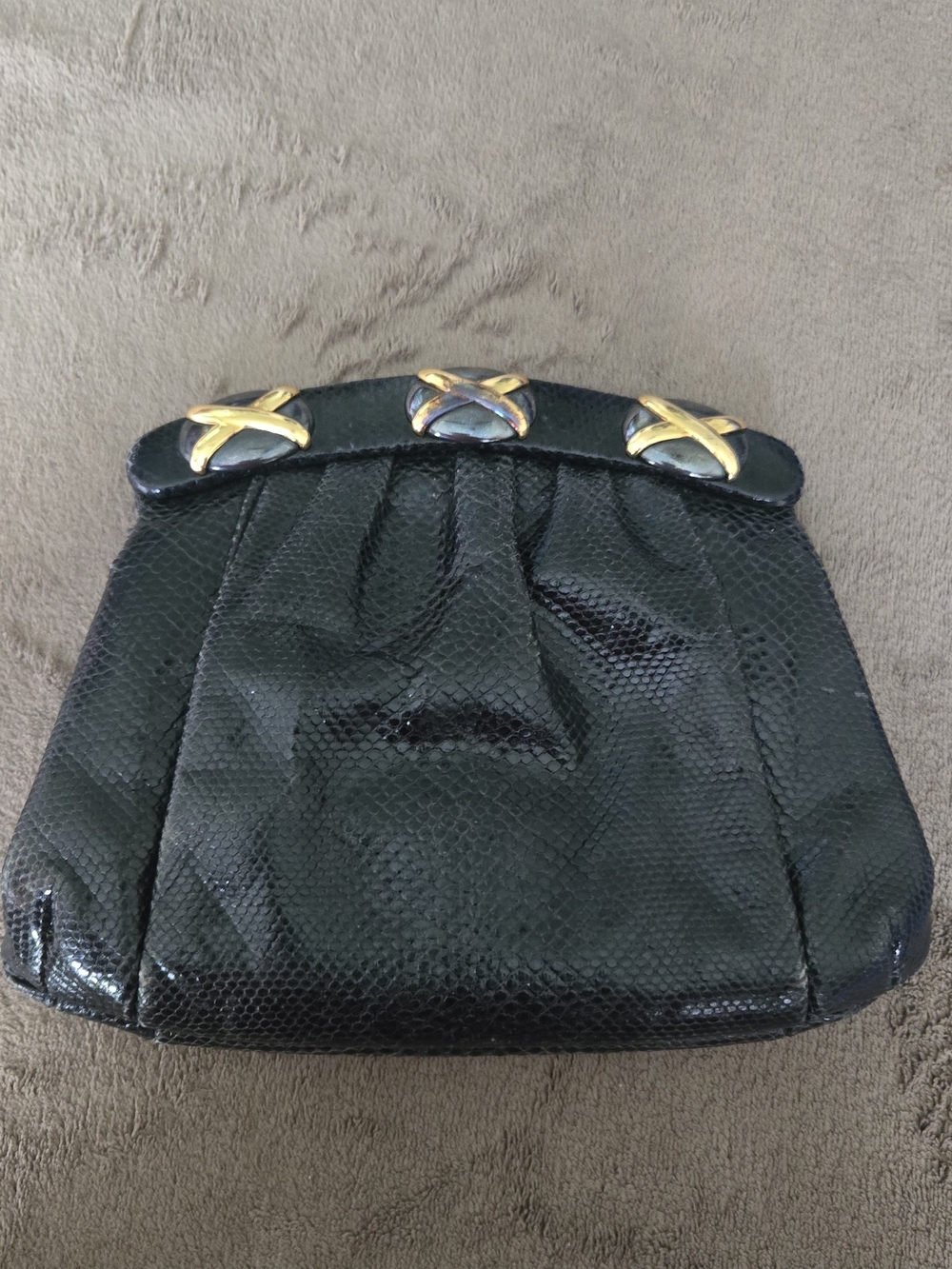Vintage Black Textured Evening Clutch with Gold X Hardware